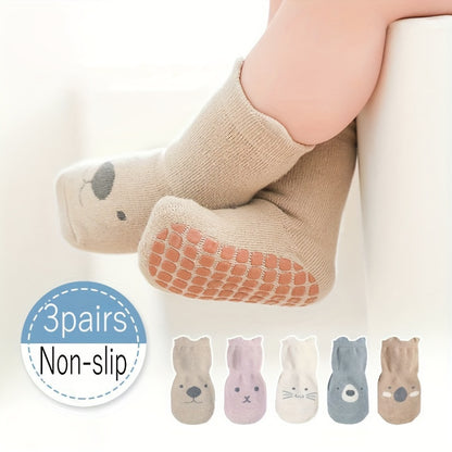 3 Pairs Of Baby Boy's Cute Animals Pattern Crew Socks With Good Grip, Comfy Breathable Thermal Socks, Winter & Autumn