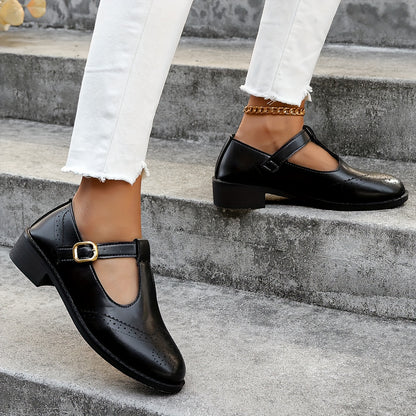 Vintage-Inspired Womens Brogue Oxfords Shoes - Solid Color, Round Toe, Buckle Strap, Chunky Low Heel, Casual, All-Season, Comfortable Walking Shoes