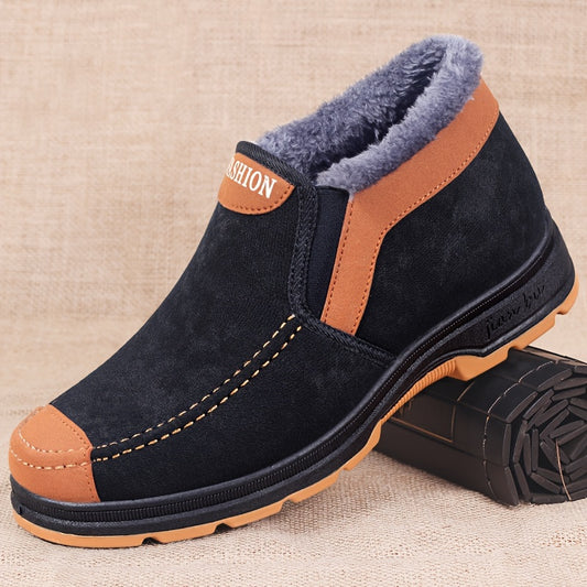 Men's Warm and Comfortable Snow Boots - Anti-slip Ankle Hiking Outdoor Boot with Plush Lining - Casual Solid Color All-Season Slip-On Round Toe Boot with Fabric Upper and PU Sole