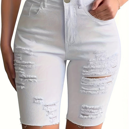 ZllKl  Women's Elegant White Ripped Denim Bermuda Shorts, Stretchy Knee-Length Jeans with Distressed Detail, Frayed Hem, Casual Fashion Summer Wear