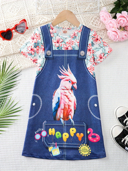 Girls Adorable 3D Elephant Print Striped Dress - Fashionable & Comfortable Crew Neck Summer Wear for Parties & Gifts