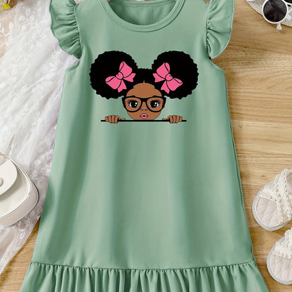 Girls Cartoon Graphic Knitted Ruffle Hem Flying Sleeve Dress - Soft, Slight Stretch, Regular Fit, Alphabets Pattern, Machine Washable, Perfect for Summer Casual Wear