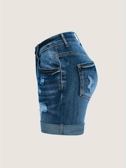 ZllKl  Women's Denim Shorts, Party Style, Distressed Ripped And Roll Up Edges, Casual Summer Jean Hotpants, Rolled Cuff Detail, Blue