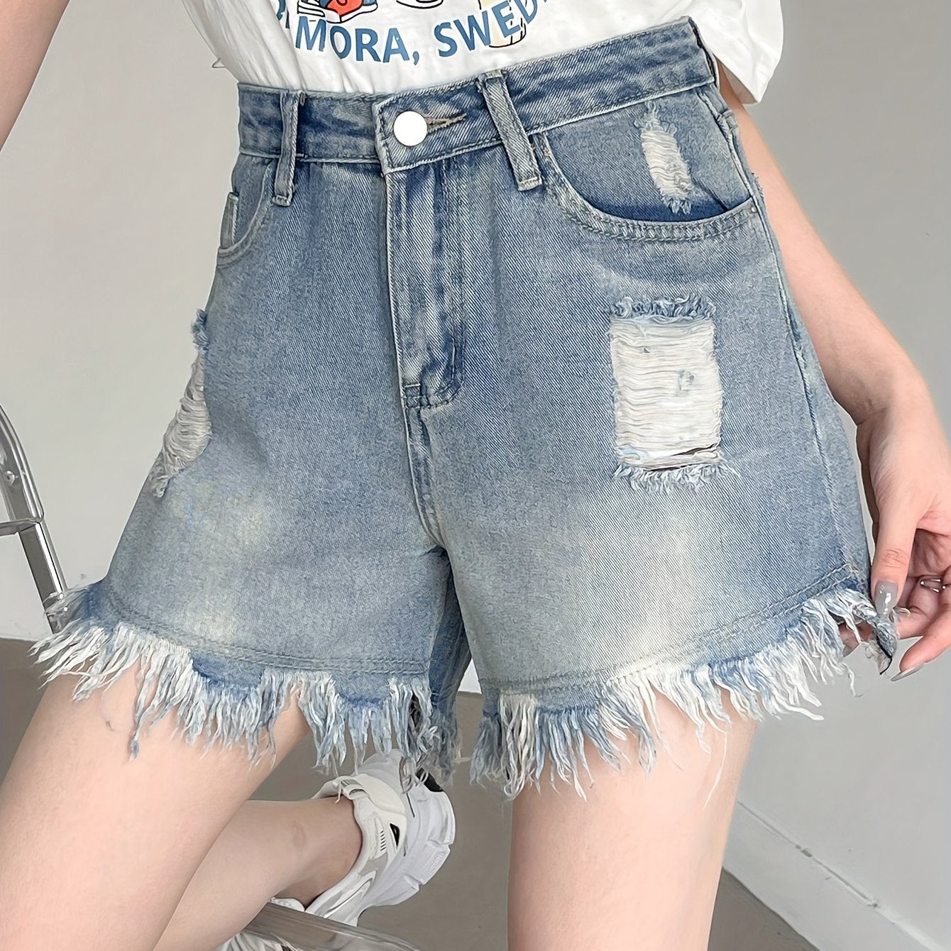 ZllKl  Ripped Raw Hem Denim Shorts, Distressed Washed Blue Denim Shorts, Women's Denim Jeans & Clothing