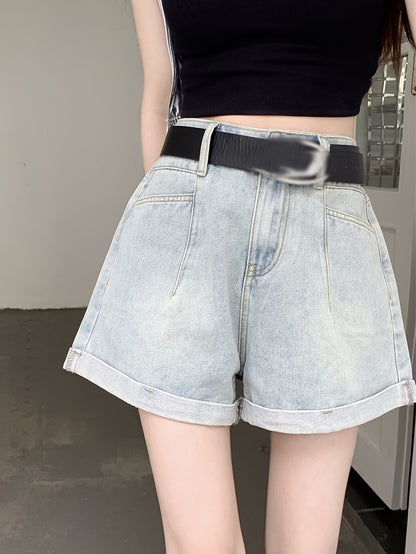 ZllKl  High Waist Casual Denim Shorts, Rolled Hem Loose Fit Short Denim Pants, Women's Denim Jeans & Clothing