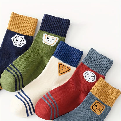 Boys Cartoon Calf Socks 5-Pack, Knit Fabric, Polyester 95%, Spandex 5%, Hand Washable, Cozy Fall/Winter Crew Socks for Kids Age 12 & Under
