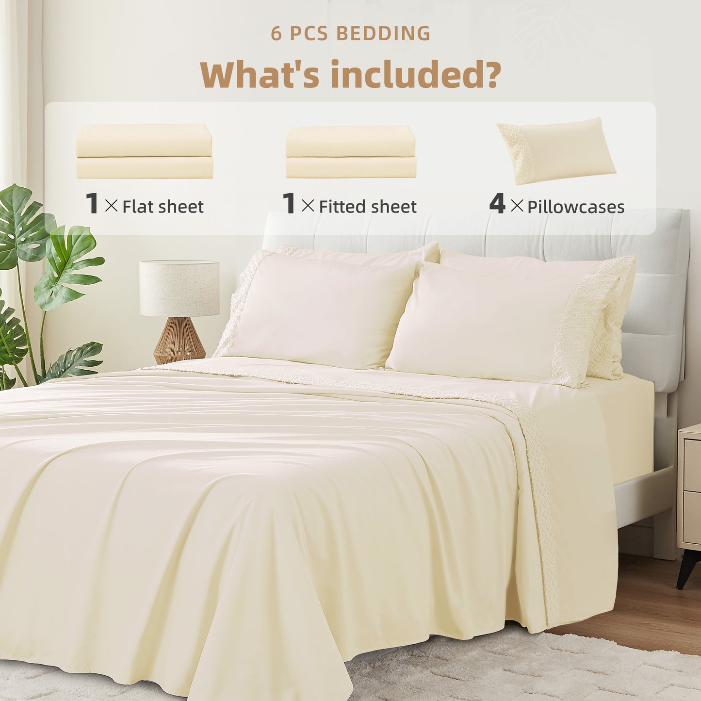 6 Piece Cooling Sheets Queen Set,Extra Deep Pocket White Queen Sheets & 4 Pillowcases,Breathable & Washable Queen Bedding Sheets,Wrap-around Elastic & Wrinkle Free Soft Queen Sheets
