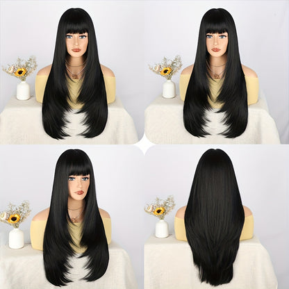 28 Inch Long Black Wig with Flattering Bangs - Silky Straight Synthetic Hair for Everyday Glam - Realistic, Easy-to-Style Wigs Designed for Women