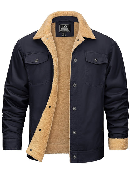 Men's Plus Size Lapel Fleece Jacket Coat Winter Windproof Metal Button Fleece Lined Warm Jacket Adjustable Snap Button Cuffs And Hem Multiple Pockets Soft And Comfortable For Traveling Work Motorcycle Riding Hiking Camping Golf Fleece Warm Jacket