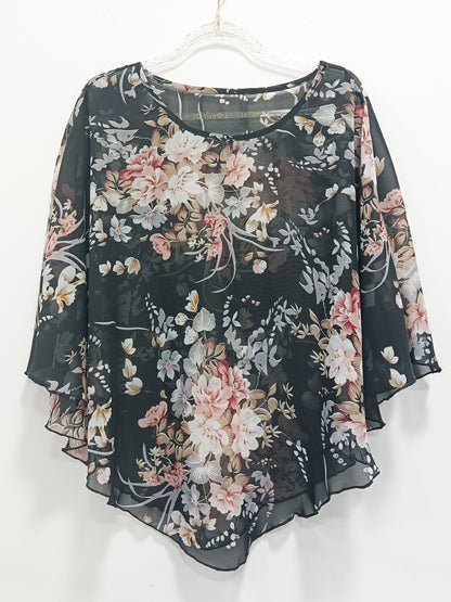 ZllKl Floral Print Asymmetrical Blouse, Elegant Crew Neck Summer Blouse, Women's Clothing