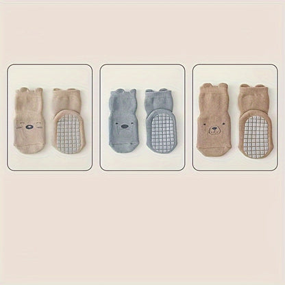 3 Pairs Of Baby Boy's Cute Animals Pattern Crew Socks With Good Grip, Comfy Breathable Thermal Socks, Winter & Autumn
