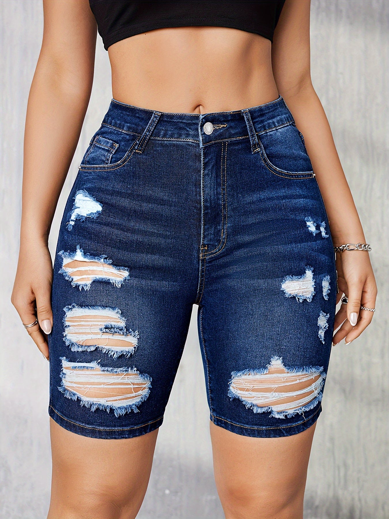 ZllKl  Ripped Raw Hem Bermuda Denim Shorts, Distressed Washed Blue Slim Fit Denim Shorts, Women's Denim Jeans & Clothing