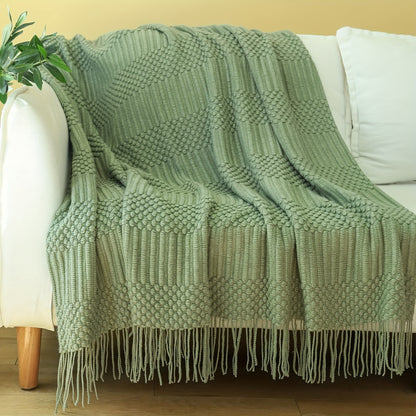1pc Soft & Cozy Textured Knitted Throw Blanket - Perfect for Sofa and Couch Decor - Green and Tan Color Combination - Decorative Accent for Living Room - Soft Brushed Fabric - Easy Care