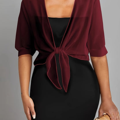 ZllKl Tie Front Semi-Sheer Blouse, Elegant Open Front Shawl Blouse, Women's Clothing
