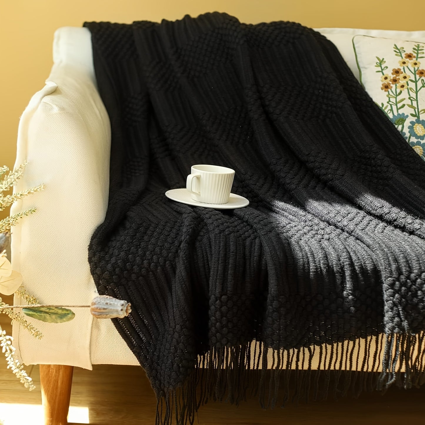1pc Soft & Cozy Textured Knitted Throw Blanket - Perfect for Sofa and Couch Decor - Green and Tan Color Combination - Decorative Accent for Living Room - Soft Brushed Fabric - Easy Care