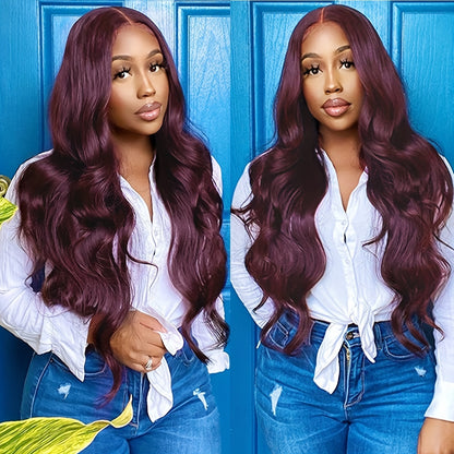 Dark Burgundy 13x4 Body Wave Lace Front Wigs Human Hair 150% Density Deep Smokey Purple Body Wave Wigs For Women HD Transparent Lace Front Wigs Glueless Human Hair Pre Plucked With Baby Hair
