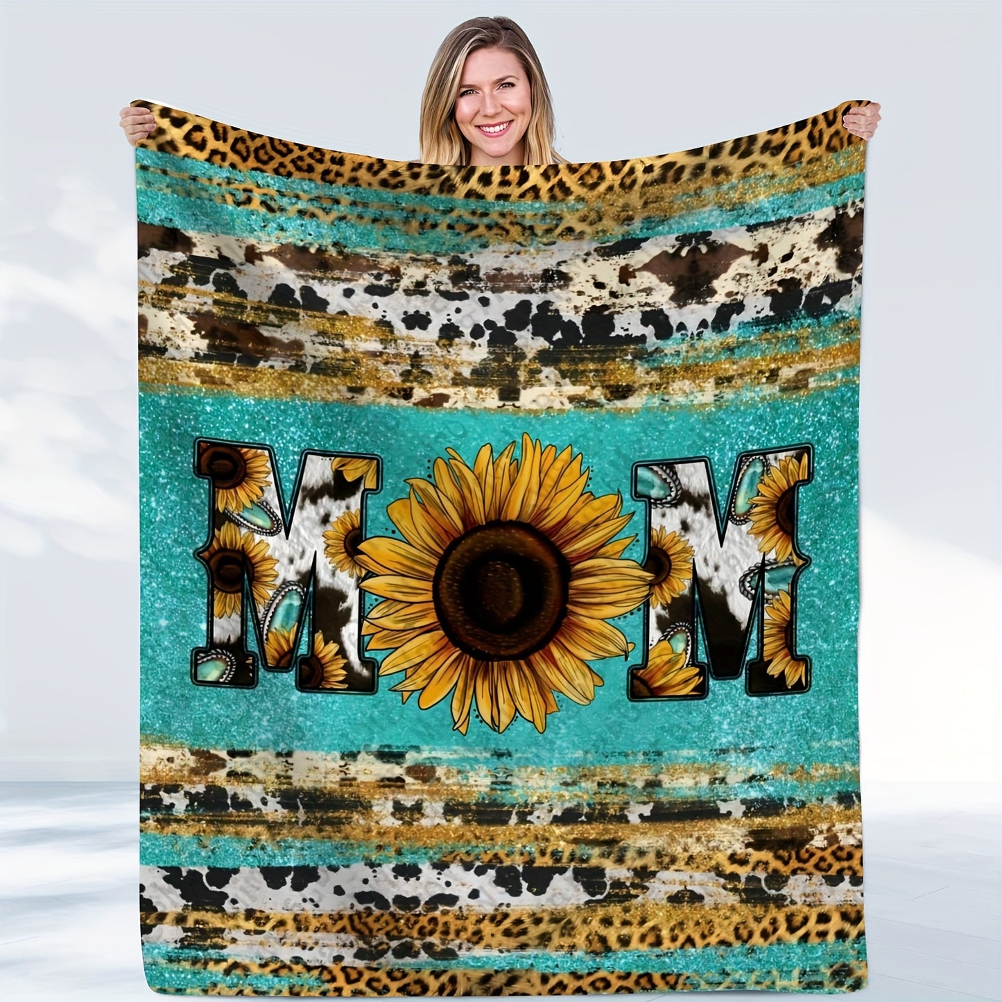1pc Cozy Sunflower Cow Print Flannel Blanket - Soft, Plush, and Warm Throw for Travel, Sofa, Bed, Office, and Home Decor - Perfect Birthday and Holiday Gift for Mom, Available All Year Round