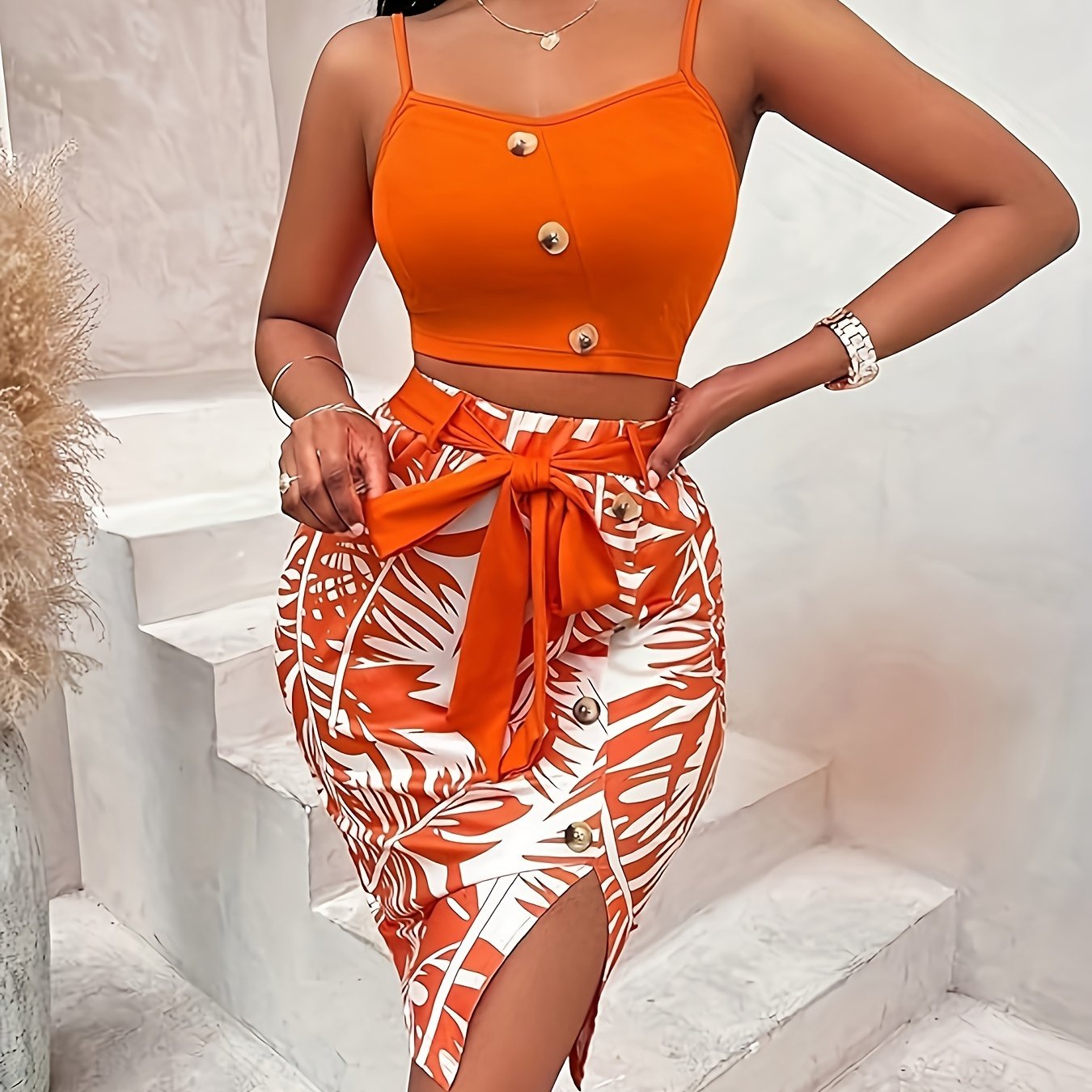 Tropical Two-Piece Skirt Set - Low Cut Neck Crop Cami Top & Split Hem Bodycon Skirt Outfit with Button Decor, Slight Stretch Fabric, and Pullover Design - Perfect for Spring/Summer, Sexy and Confident Womens Clothing