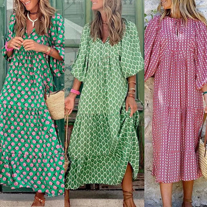 Women Dress Summer Puff Sleeve Boho V Neck Printing Long Dress Loose Holiday Beach Female Casual Floral Dresses Party Vestidos