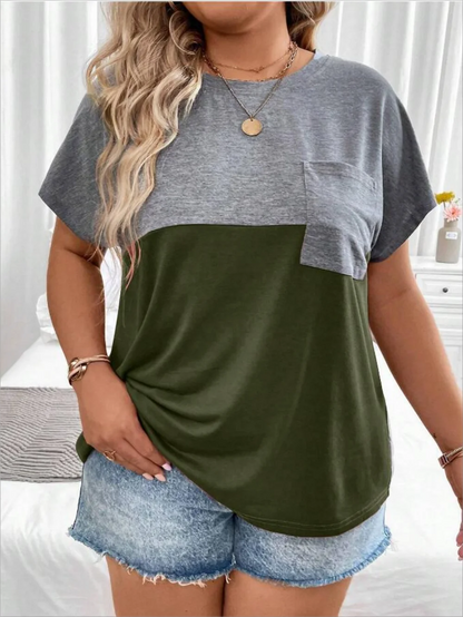 Plus Size European and American Cross Border New Women's Loose Short Sleeve Patchwork Pocket T-shirt Top