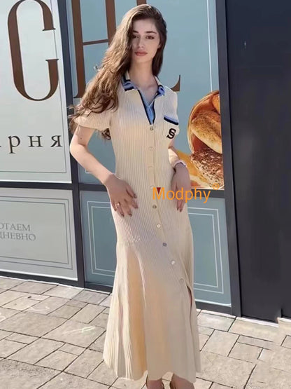 Modphy Elegant Slim Knitted Long Dress Women's Letter Single Breasted Long Sleeved Designer Vintage Dresses Autumn