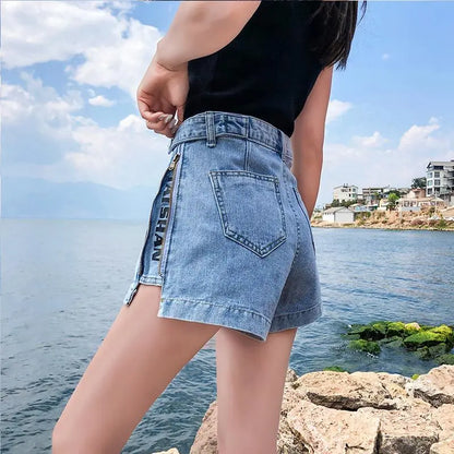 S-5XL Women's Denim Shorts Fashion Vintage High Waist Blue Wide Leg Female Side Zipper Caual Summer Ladies Shorts Jeans