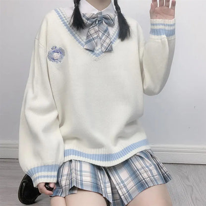 JK Uniform Pullover Sweater Korean V-neck Knitted Tops College Style Sweet Female Student Loose Outwear Japanese School Uniform
