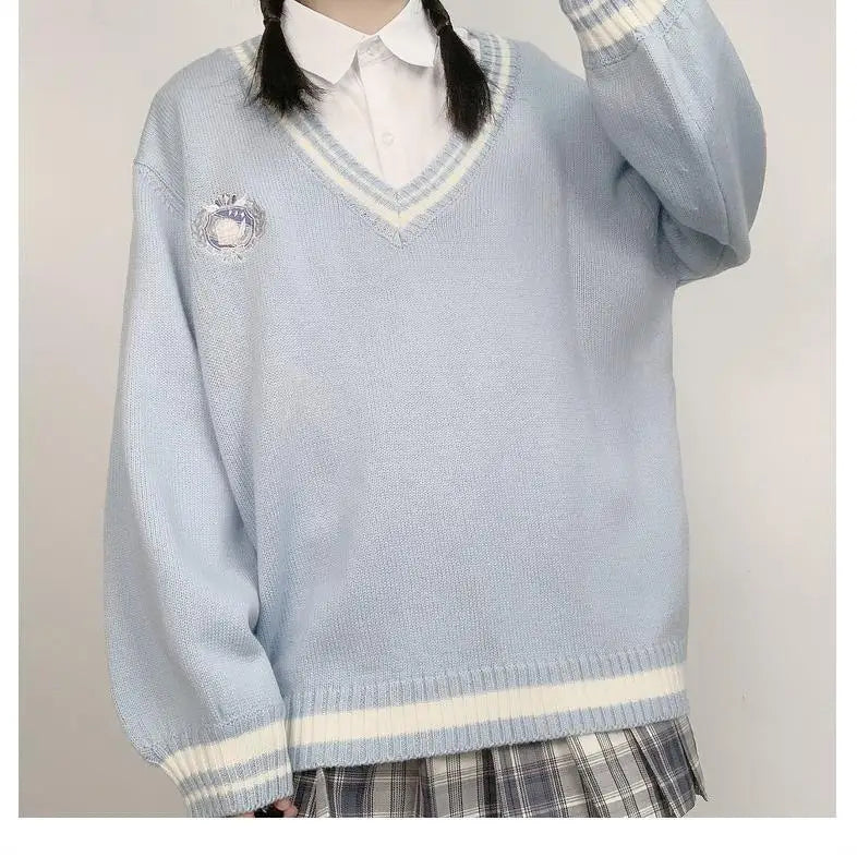 JK Uniform Pullover Sweater Korean V-neck Knitted Tops College Style Sweet Female Student Loose Outwear Japanese School Uniform
