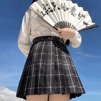 [Smoky Gray] Summer Korean High Waist Pleated Skirts Black Gothic Sexy Cute Mini Plaid Skirt Women JK Uniform Students Clothes