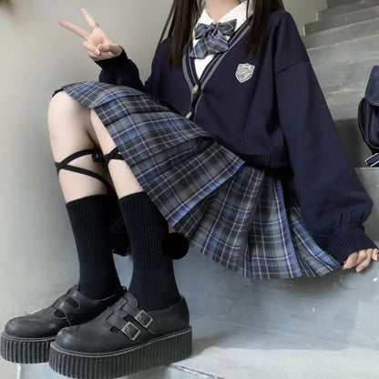 Knitted Cardigan College Style Japanese JK Uniform Blue Long Sleeve Sweater Embroidery Student Korean Loose School Girls Uniform
