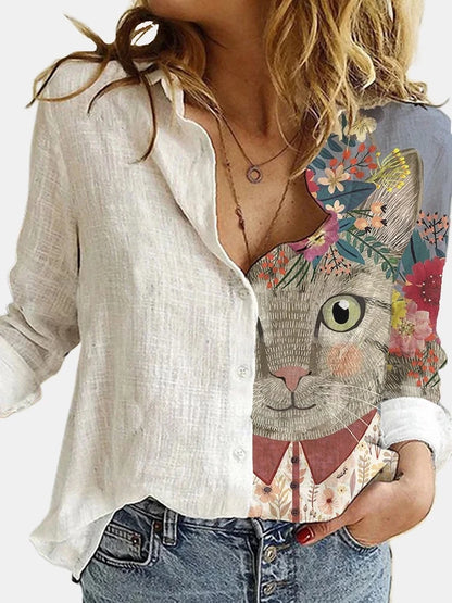 Fashion Stitching Retro Face Print Long Sleeve Blouse Women Autumn Lapel Button Casual Top Lady 3XL Cotton Polyester Shirts
