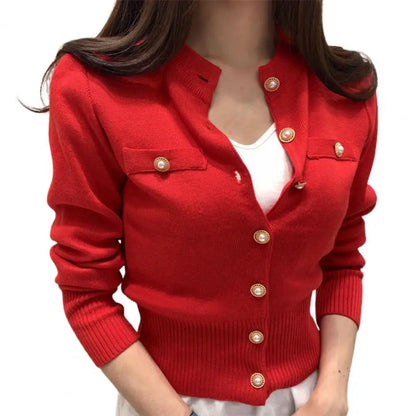 Stand Collar Cardigan Sweater Decorative Pockets Women Faux Pearl Buttons Solid Color Knitted Coat Outerwear