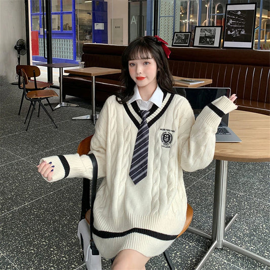 Cute Student Uniforms Autumn Winter Long Sleeve Sweater Women 2021 New Korean Version Style V-neck Loose Casual Knitted Sweater