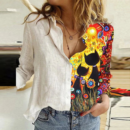 Fashion Stitching Retro Face Print Long Sleeve Blouse Women Autumn Lapel Button Casual Top Lady 3XL Cotton Polyester Shirts