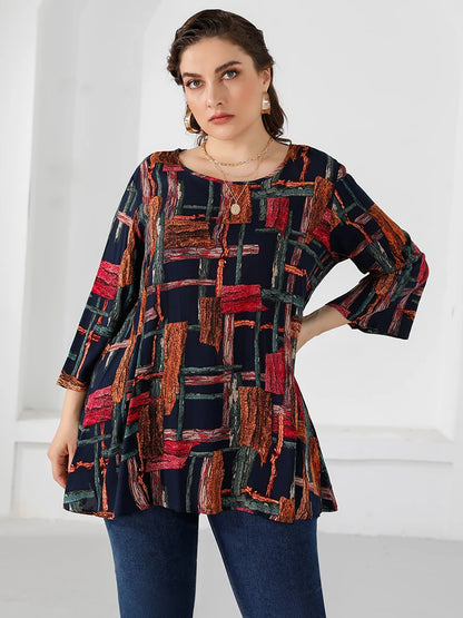 4XL 5XL Plus Size Blouse Women 2023 Summer Three Quarter Sleeve Colorful Print Casual Long Blouse Loose Oversized Ladies Tops