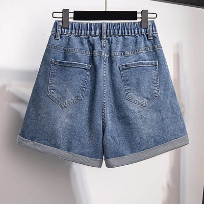 150Kg Plus Size Women's Denim Shorts High Waist Casual Loose Straight Wide Leg Pants Hip 150cm 5XL 6XL 7XL 8XL 9XL Black Blue