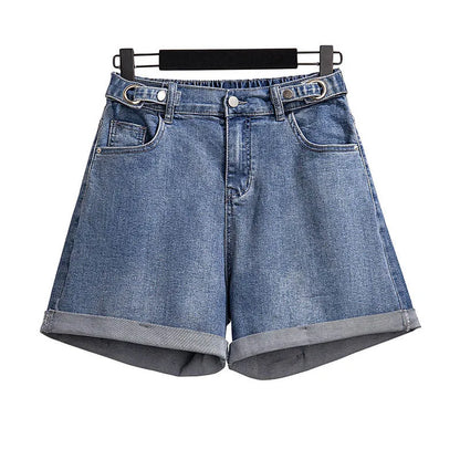 150Kg Plus Size Women's Denim Shorts High Waist Casual Loose Straight Wide Leg Pants Hip 150cm 5XL 6XL 7XL 8XL 9XL Black Blue