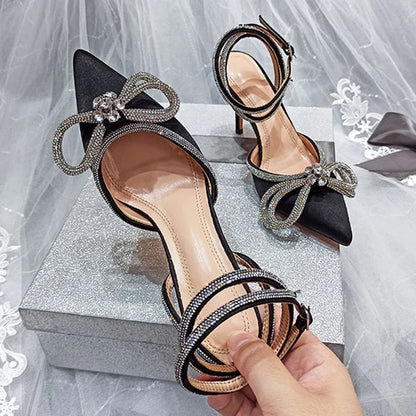 2024 New Fashion Glitter Rhinestones Women Pumps Crystal Bowknot Silk Pointed Toe Buckle Strap Thin High Heels Party Prom Shoes