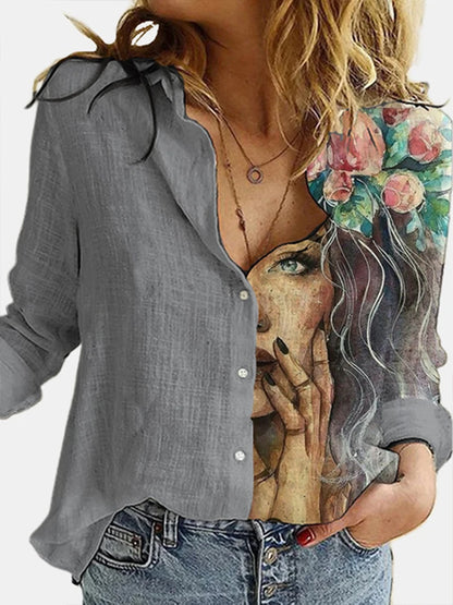 Fashion Stitching Retro Face Print Long Sleeve Blouse Women Autumn Lapel Button Casual Top Lady 3XL Cotton Polyester Shirts