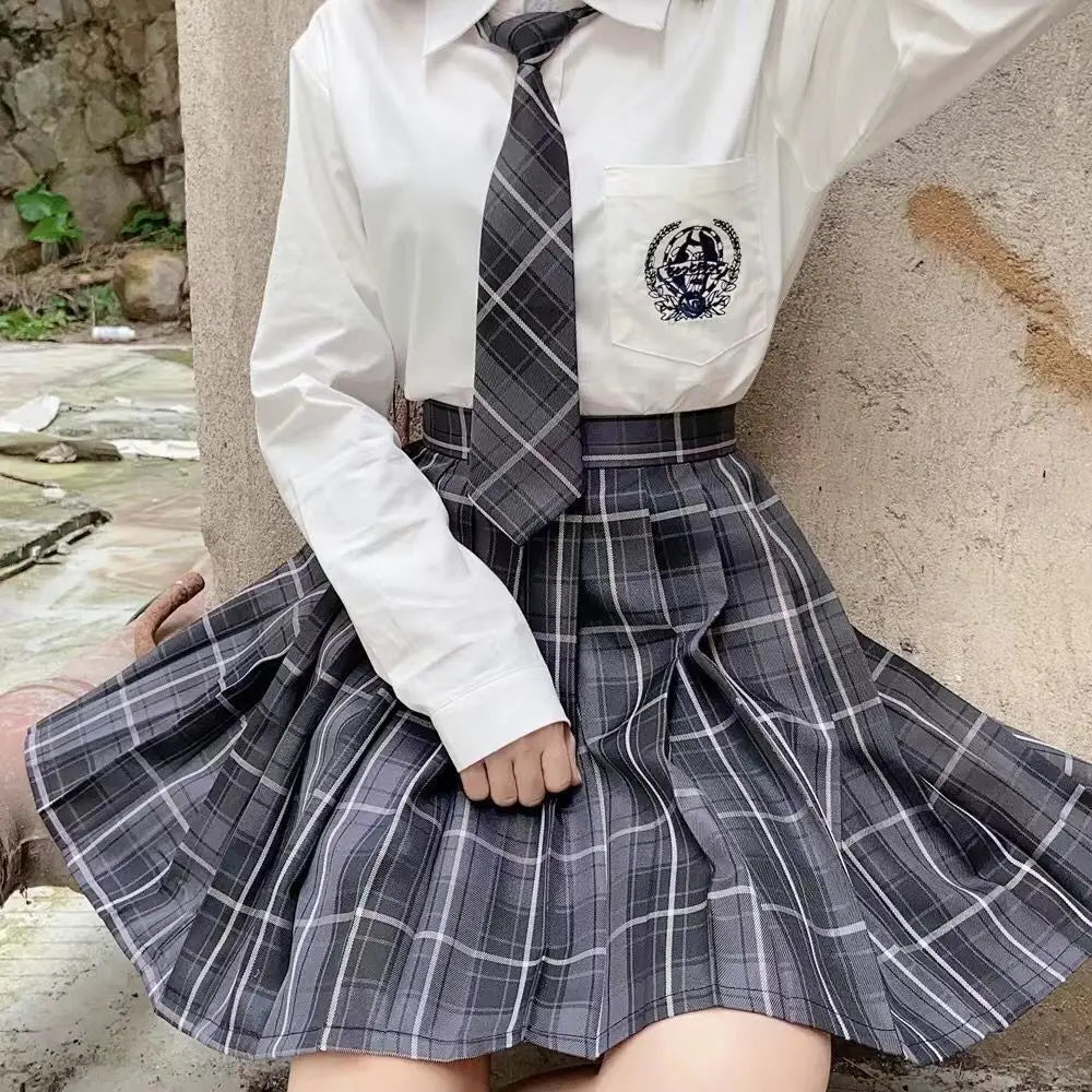 [Smoky Gray] Summer Korean High Waist Pleated Skirts Black Gothic Sexy Cute Mini Plaid Skirt Women JK Uniform Students Clothes