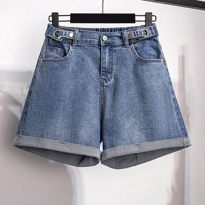 150Kg Plus Size Women's Denim Shorts High Waist Casual Loose Straight Wide Leg Pants Hip 150cm 5XL 6XL 7XL 8XL 9XL Black Blue