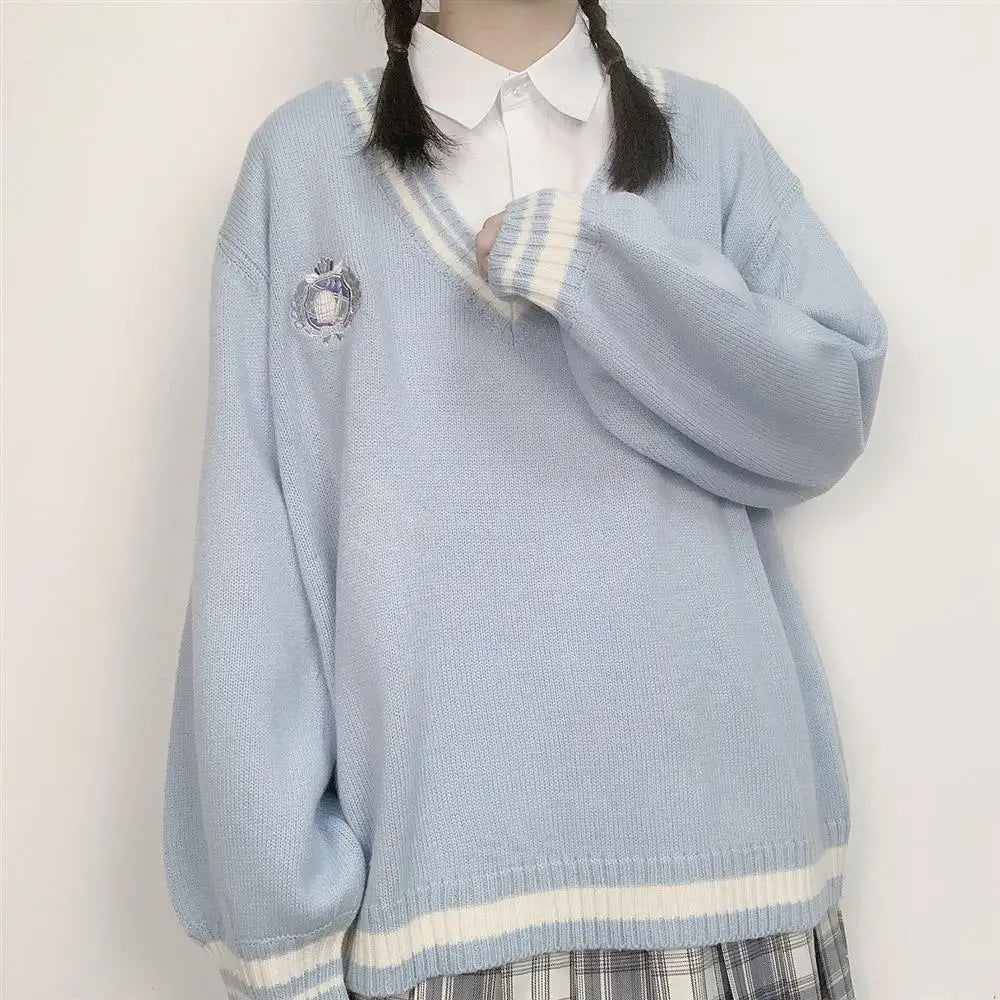 JK Uniform Pullover Sweater Korean V-neck Knitted Tops College Style Sweet Female Student Loose Outwear Japanese School Uniform