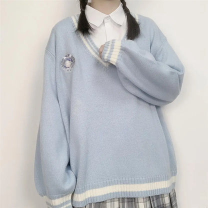 JK Uniform Pullover Sweater Korean V-neck Knitted Tops College Style Sweet Female Student Loose Outwear Japanese School Uniform