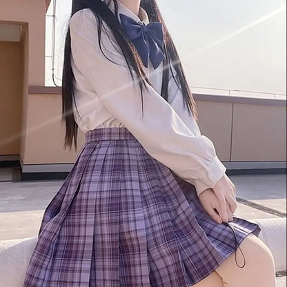 2021 Japanese School JK Uniform Two Piece Set Women White Shirts+Purple Plaid Mini Skirt Preppy Style Send Bow Tie 3 Piece Set