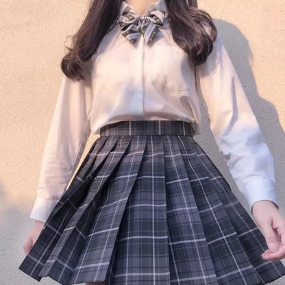 [Smoky Gray] Summer Korean High Waist Pleated Skirts Black Gothic Sexy Cute Mini Plaid Skirt Women JK Uniform Students Clothes