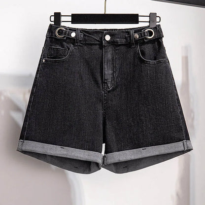 150Kg Plus Size Women's Denim Shorts High Waist Casual Loose Straight Wide Leg Pants Hip 150cm 5XL 6XL 7XL 8XL 9XL Black Blue