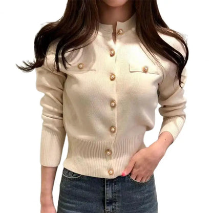 Stand Collar Cardigan Sweater Decorative Pockets Women Faux Pearl Buttons Solid Color Knitted Coat Outerwear