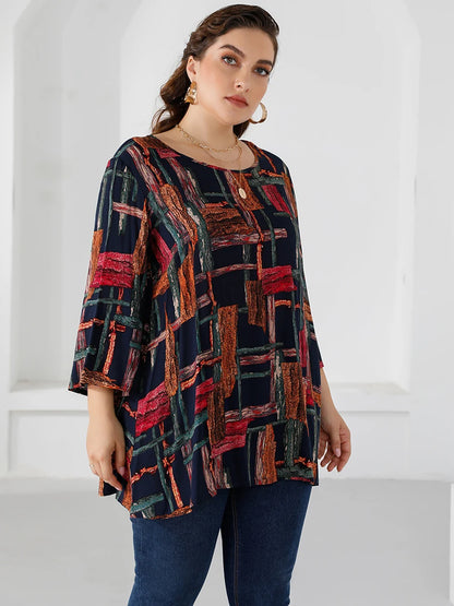 4XL 5XL Plus Size Blouse Women 2023 Summer Three Quarter Sleeve Colorful Print Casual Long Blouse Loose Oversized Ladies Tops