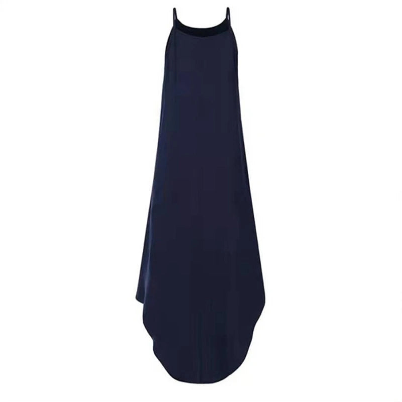 Women Dress Summer Casual Sleeveless Retro Halter Solid Beach Long Dress Round Neck Sling Fashion Beach Clothes Plus Size
