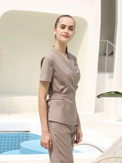 2023 High Quality Uniformes Overalls Women's Khaki Top+Pants 2 Piece Set Hotel Staffs Work Wear Beauty Salon SPA Uniform